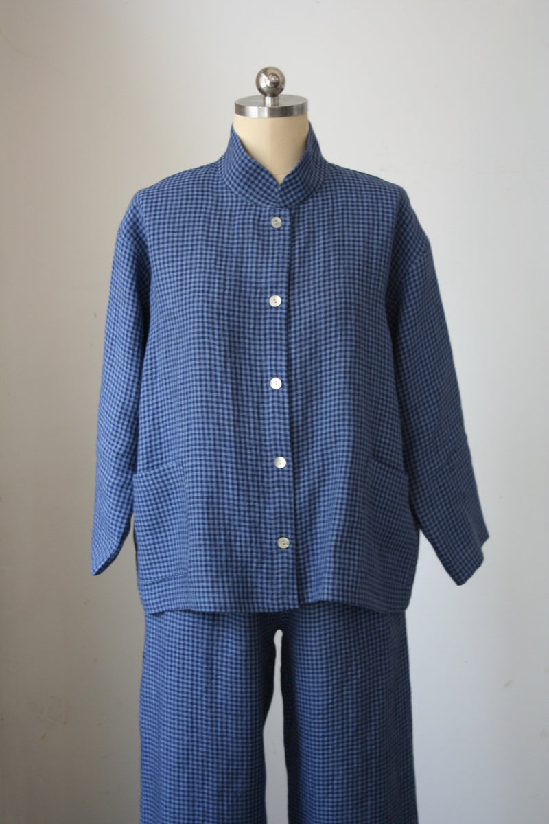 Blue Checkered Button Top