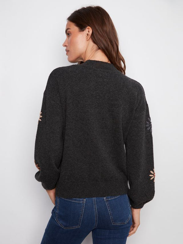 Flower Embroidered Grey Knit Sweater