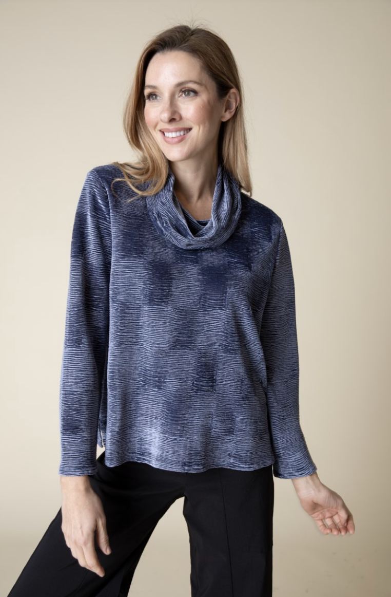 Navy Crinkle Velvet Cowl Top