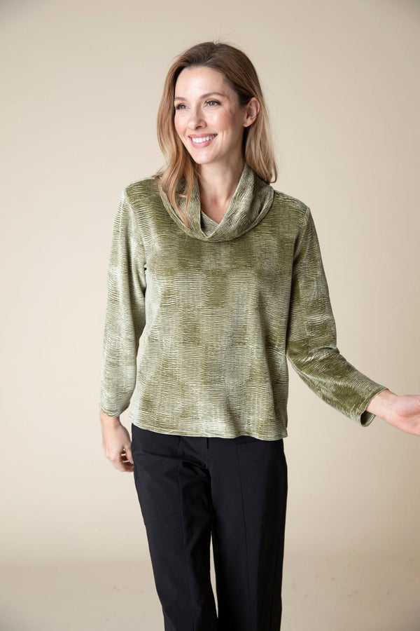 Olive Crinkle Velvet Cowl Top