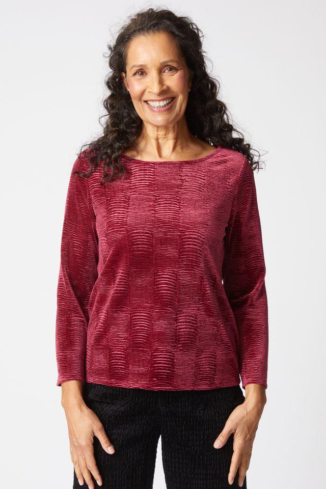 Wine Crinkle Velvet Boat Neck Top