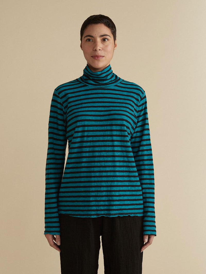 Marine Blue Stripe Turtle Neck Top