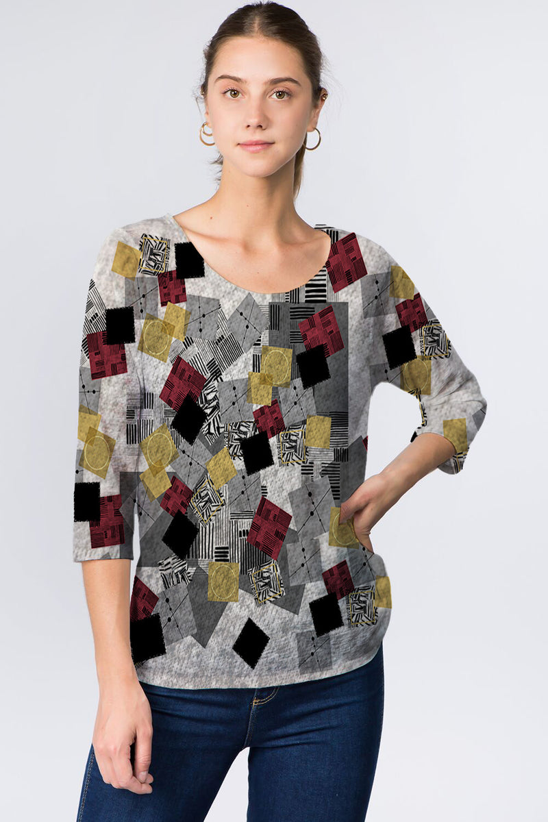 Grey and Red Patch 3/4 Sleeve Top