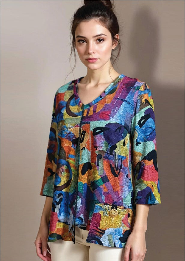Abstract V-Neck Seam Pocket Top