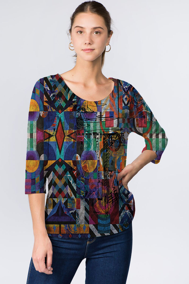 Multi Abstract Sketch 3/4 Sleeve Top