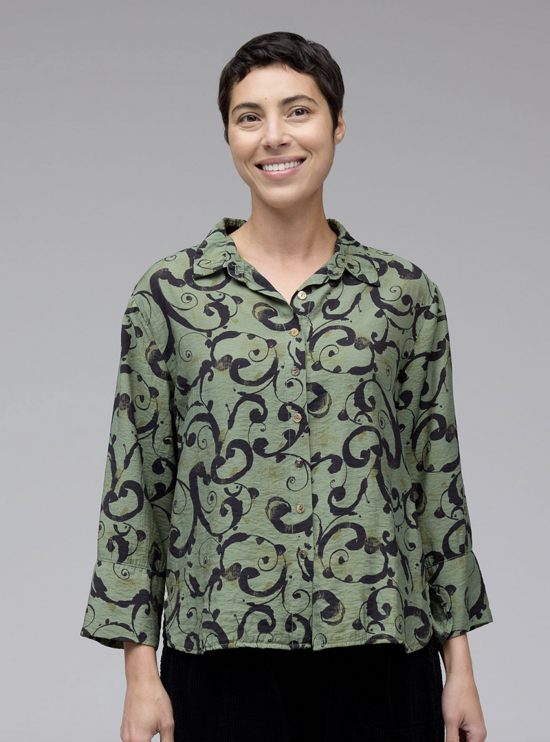 Green Swirls Button Top