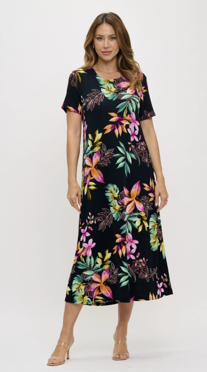 Black Tropical Floral Dress