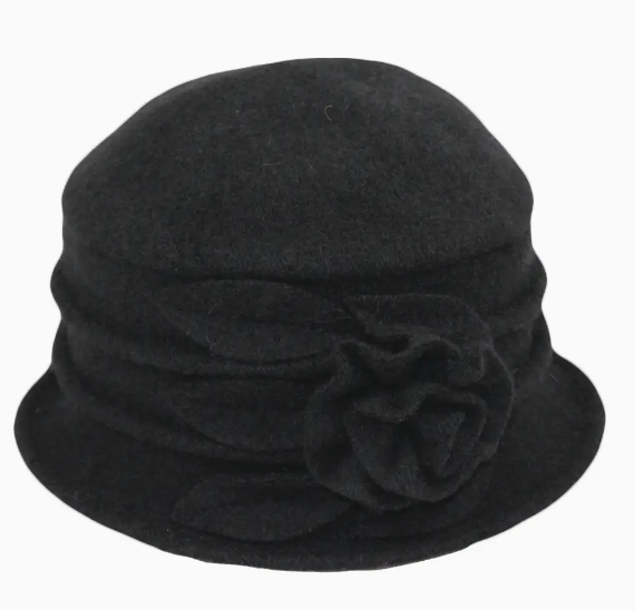 Black Boiled Wool Floral Bucket Hat