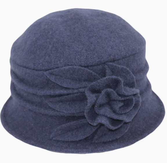 Navy Boiled Wool Floral Bucket Hat