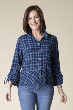 Navy Flounce Cotton Plaid Shirt