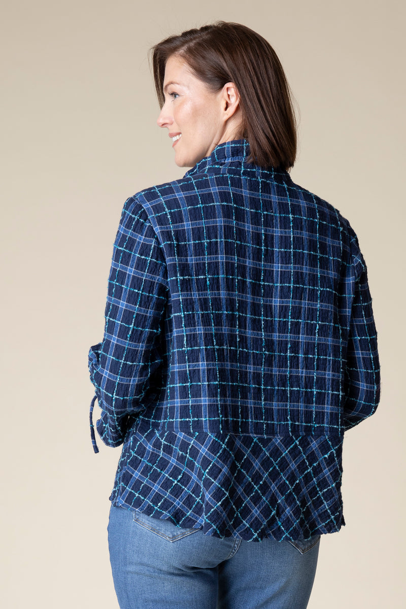 Navy Flounce Cotton Plaid Shirt