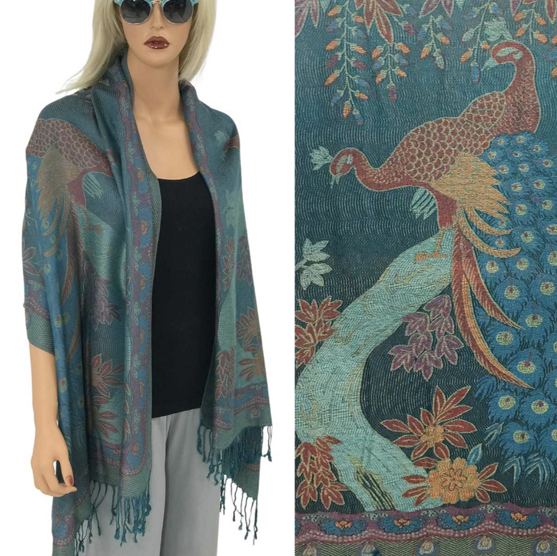Teal Peacock Pashmina Shawl