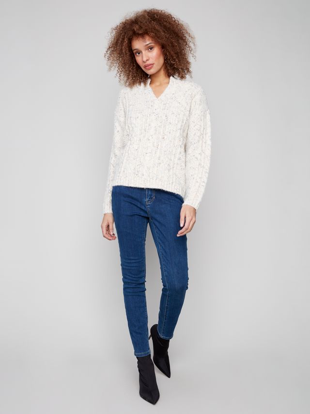 White Speckled Yarn Cable Knit Sweater