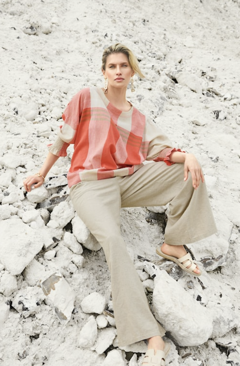 Coral Plaid Cotton Linen Top