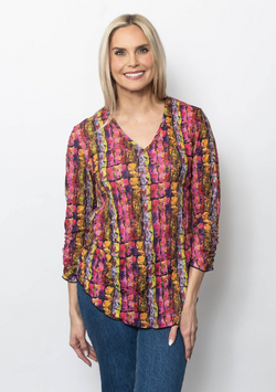Earth Plaid Crinkle V-Neck Top