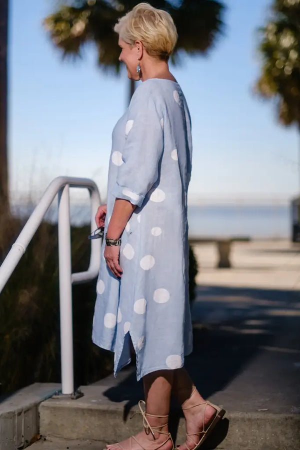 Ice Blue Linen Dot Dress