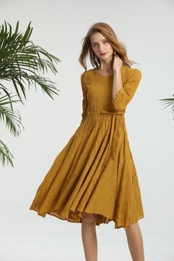 Gold Crepe Pleat Tie Dress