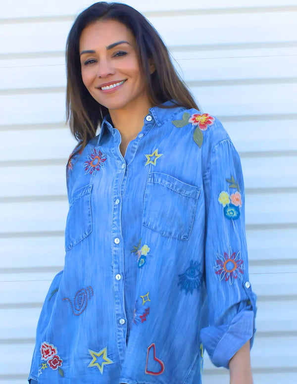 Denim Multi Embroidered Top