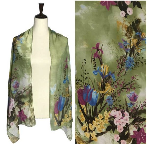 Green Floral Silky scarf
