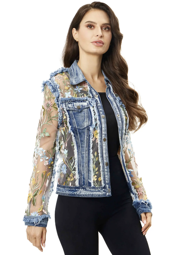 Pastel Floral White Mesh Denim Jacket
