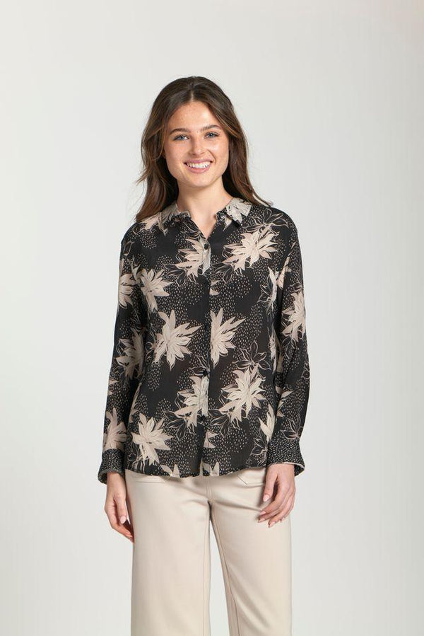 Black Neutral Floral Button Top