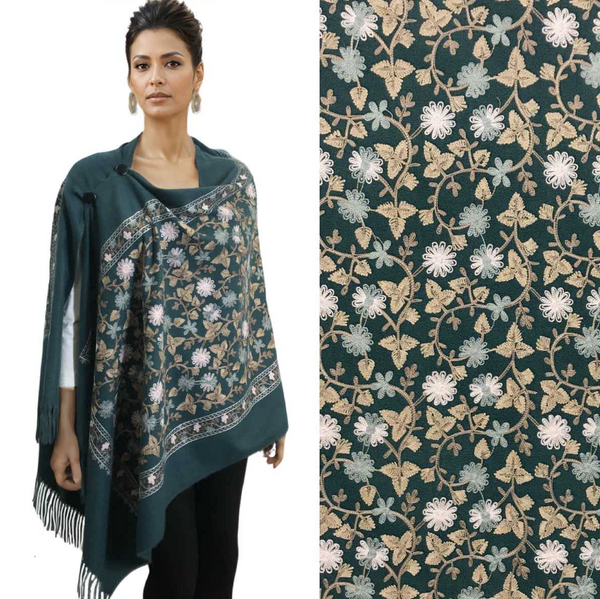 Dark Green Floral Embroidered Button Shawl