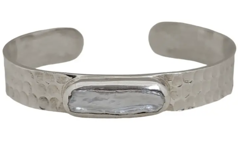 Biwa Pearl Hammered Sterling Cuff Bracelet