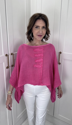 Fuchsia Crinkle Linen Patch 3/4 Sleeve Top