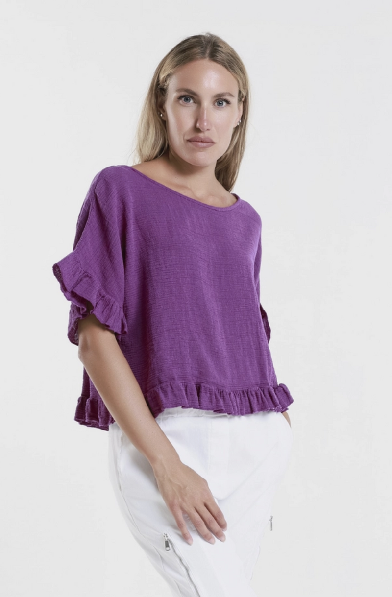 Dark Cherry Linen/Cotton Ruffle Top
