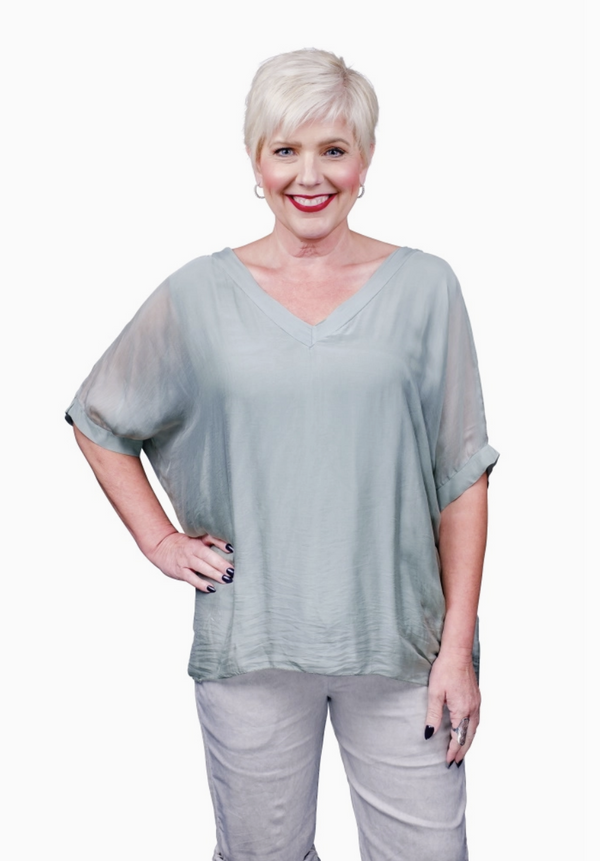 Olive Silk Double V-Neck Top