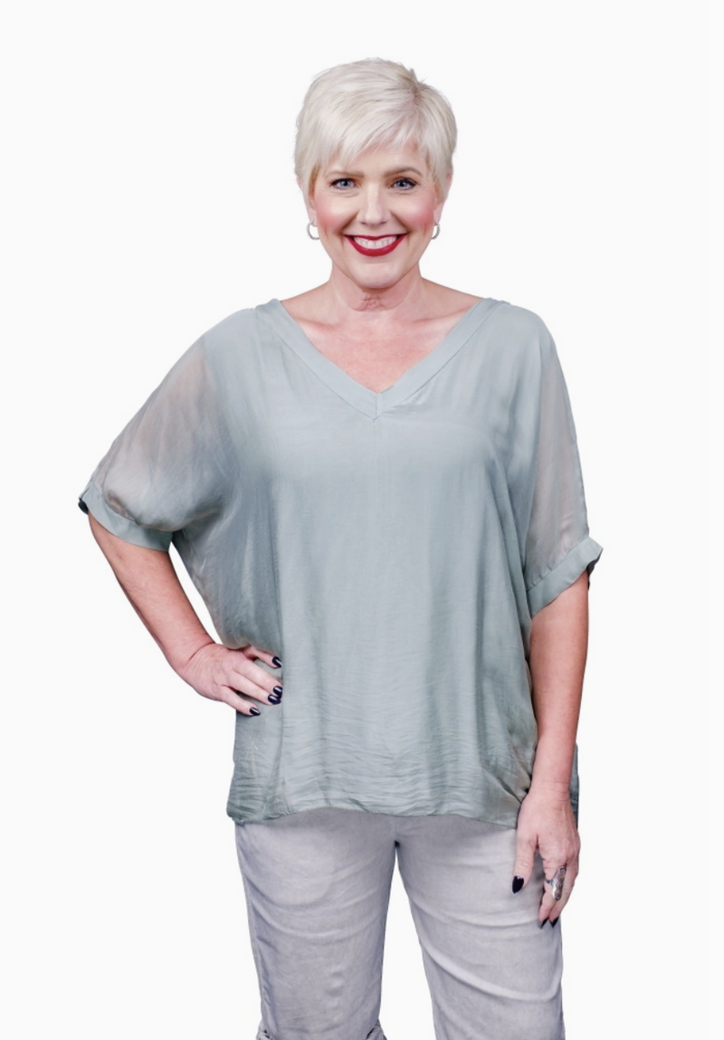 Olive Silk Double V-Neck Top