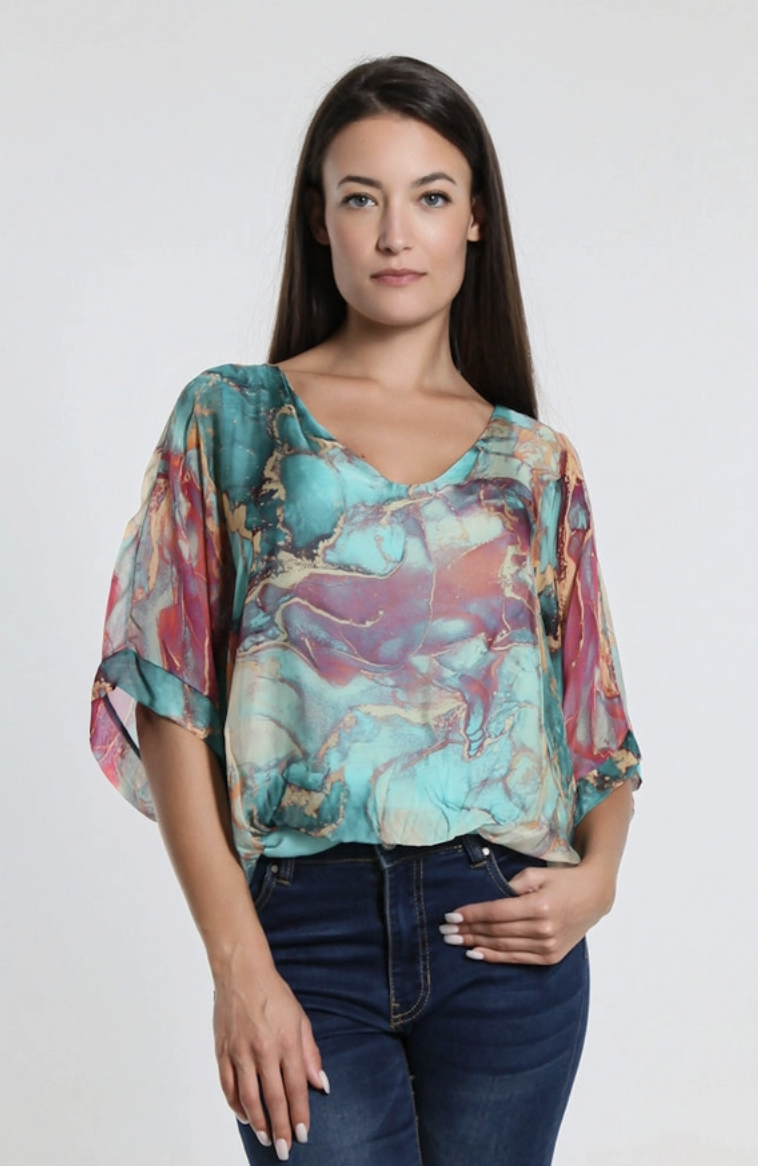 Tiffany Blue Marble Band Waist Top