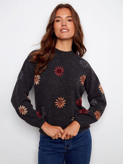 Flower Embroidered Grey Knit Sweater