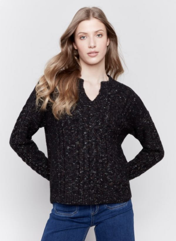 Black Speckled Yarn Cable Knit Sweater