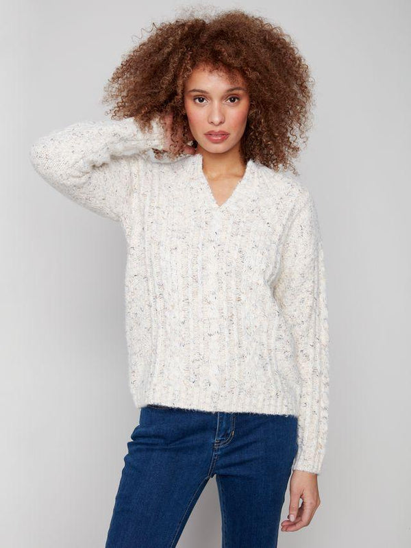 White Speckled Yarn Cable Knit Sweater