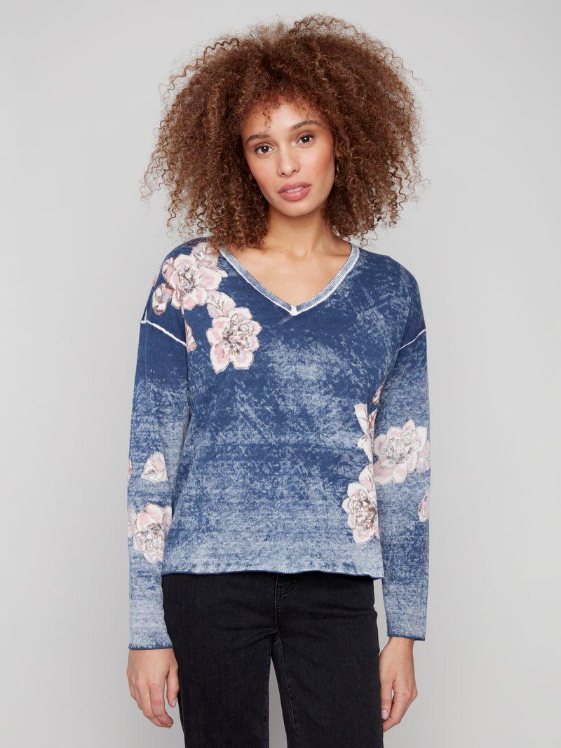 Reversible Denim Floral V-Neck Sweater