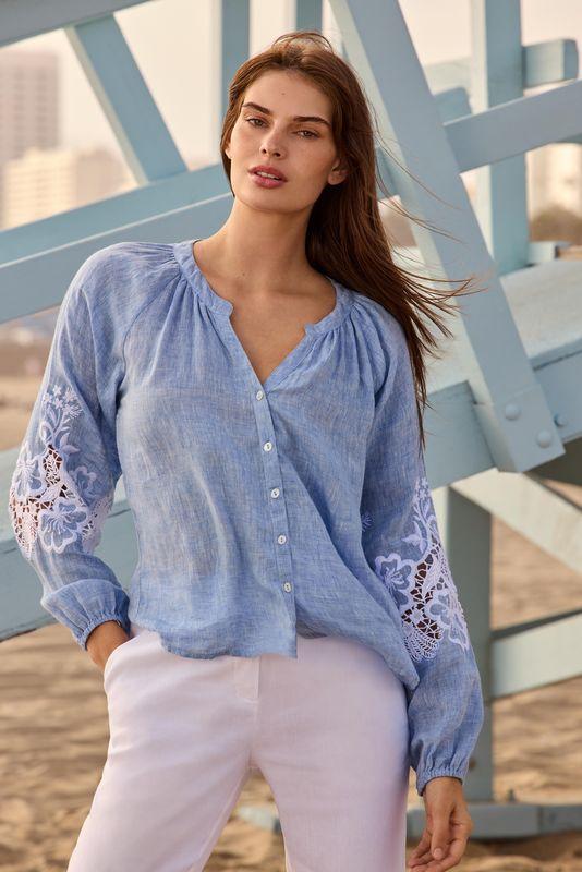 Denim Embroidered Button Top