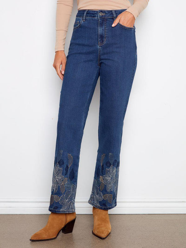 Indigo Embroidered Straight Leg Jean