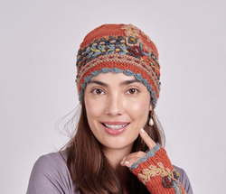 Rust Flower Knit Embroidered Hat