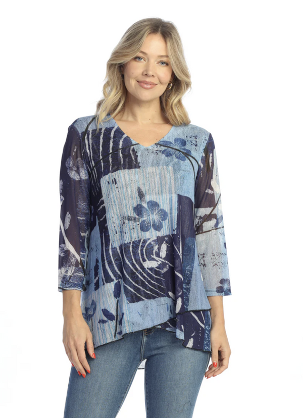 Blue Patchwork Floral Mesh Top