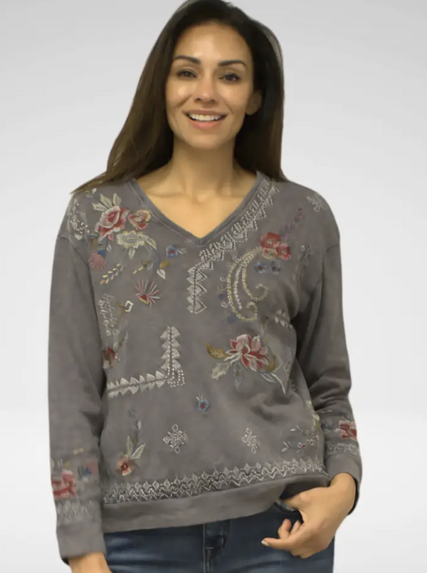 Grey Embroidered V-Neck Top