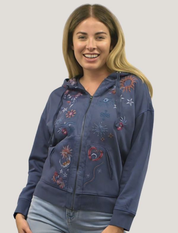 Washed Blue Embroidered Zip Jacket