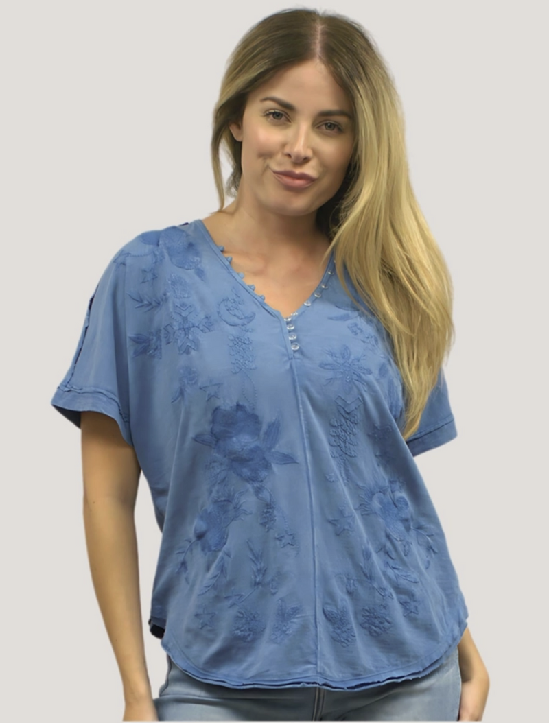 Capri Blue Embroidered Seam Top