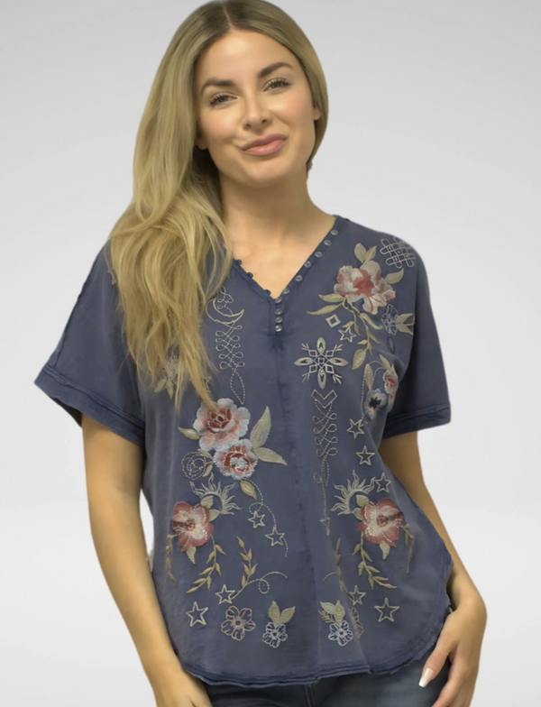 Washed Blue Embroidered Seam Top