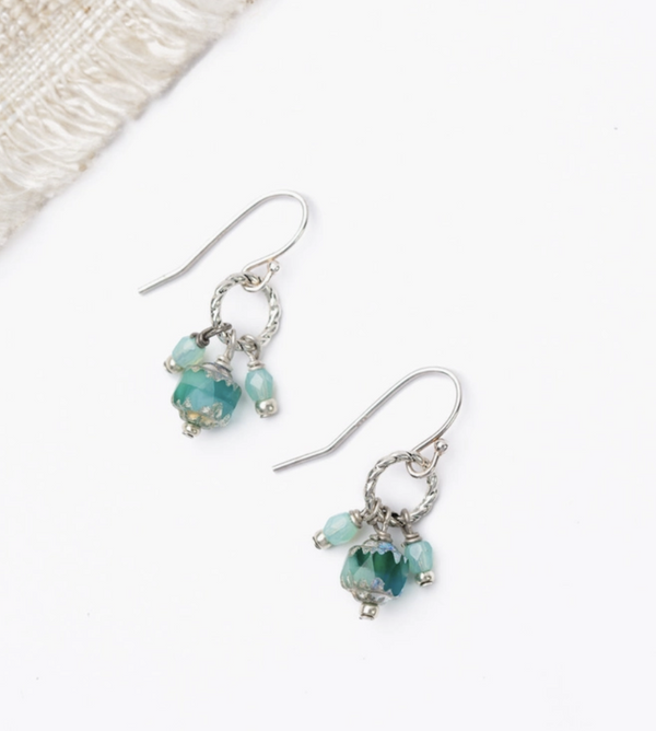 Silver Etched Aqua Cluster Earring