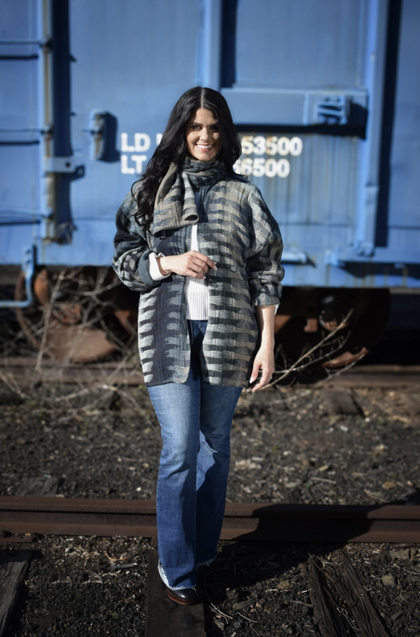 Blue Sweater Jacket Wrap Coat with Scarf