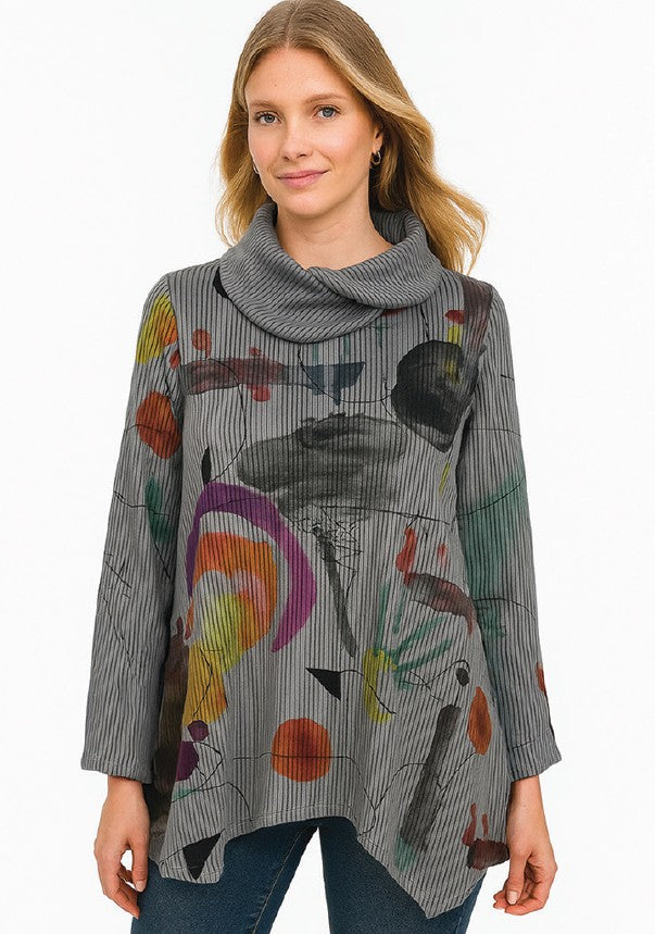 Grey Abstract Stripe Cowl Top