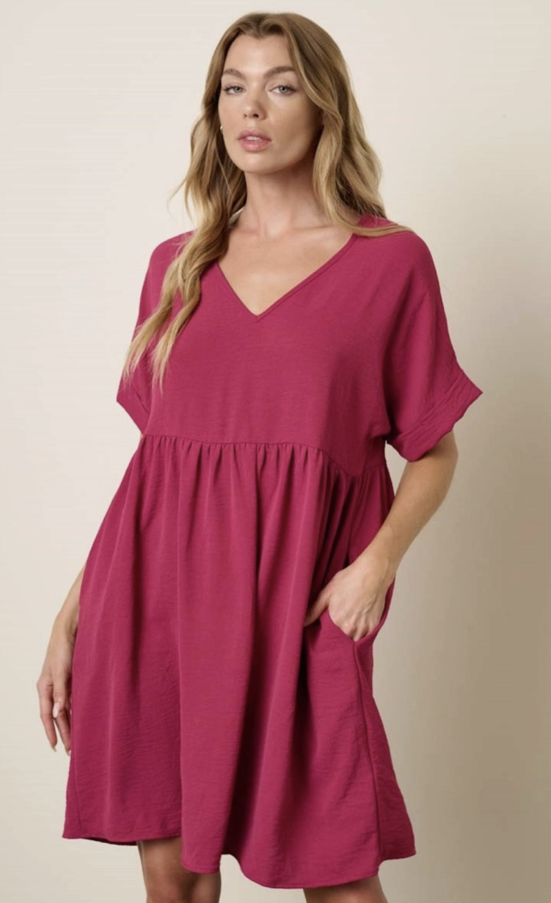 Magenta V-Neck Shift Dress
