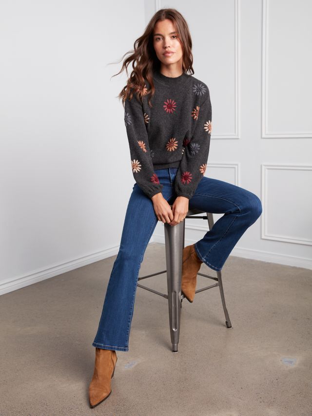 Flower Embroidered Grey Knit Sweater