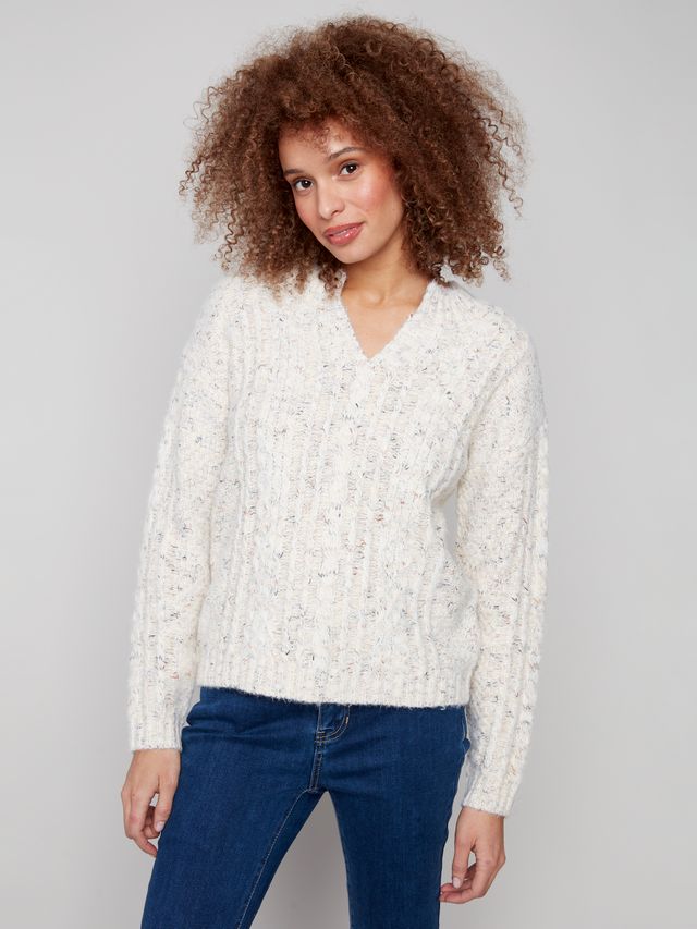 White Speckled Yarn Cable Knit Sweater